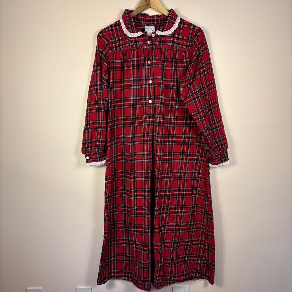 Lanz of Salzburg Flannel Red Plaid Nightgown Lace Cottagecore Classic